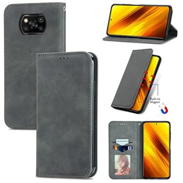Imagem de Capas de telefone magnéticas com sensação de pele compatíveis com Xiaomi Poco X3 NFC capa de couro slots de cartão de visita de luxo clipe de carteira à prova de choque (cinza, Xiaomi Poco X3 NFC)