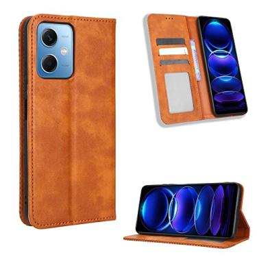 Imagem de Capas de telefone magnéticas retrô compatíveis com Xiaomi Redmi Note 12 5G capa de couro luxo slots para cartão de visita clipe de carteira à prova de choque (marrom, Redmi Note 12 5G)