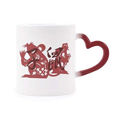 Imagem de Caneca de Ano Novo de Rato Animal China Zodíaco Sensível ao Calor Caneca de Grés Mudança de Cor Vermelha