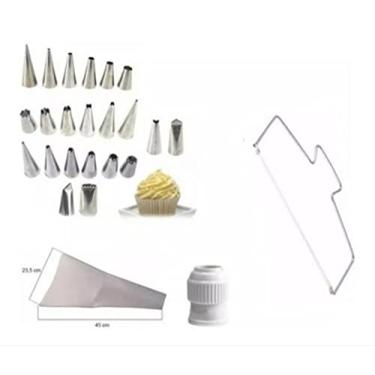 Imagem de 22 Bicos Confeiteiro + Adaptador de Bicos + Saco Confeitar + Nivelador De Bolo 30cm