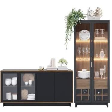 Imagem de Kit Cristaleira Guanabara e Buffet Vitoria Preto Fosco/Noce Milano Colibri Móveis
