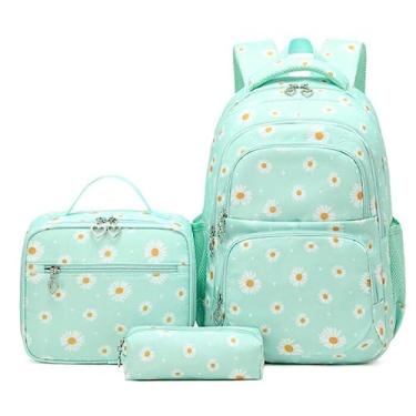 Imagem de Conjuntos de mochilas com estampas de margarida 3 peças para crianças mochila para escola primária mochila para estudantes do ensino fundamental para adolescentes (VERDE)