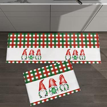 Imagem de Conjunto de 2 tapetes de cozinha gnomo natalino aquarela vermelho verde branco búfalo xadrez para tapetes acolchoados e tapetes antiderrapantes absorventes corredor confortável tapete de pé