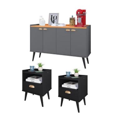 Imagem de Kit Casa Completa 2 Mesas Cabeceira Estilo Mesinhas Lateral Cama Aparador Buffet Kiev Cantinho Café Cozinha Sala Estar - RPM Móveis (Preto | Cinza/Cinamomo)