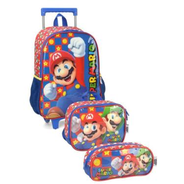 Imagem de Kit Mochila Super Mario Rodas Escolar Com Lancheira e Estojo