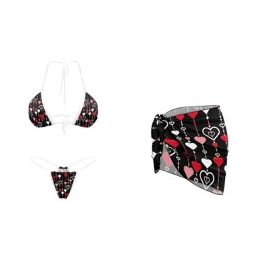 Imagem de Tomeusey Biquíni feminino sexy de 3 peças, conjunto de biquíni triangular, com saída de chiffon, sarongues de praia, Estampa de coração de amor, Large