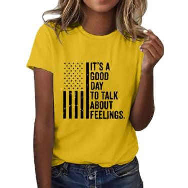 Imagem de Camisetas femininas 4th of July com estampa de letras da bandeira americana manga curta patriótica camisetas listras estrelas dos EUA, nº 32 - amarelo, GG