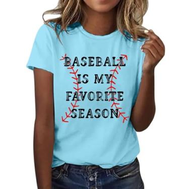 Imagem de Camiseta feminina com estampa de beisebol, gola redonda, manga curta, casual, moderna, túnica de verão, Zy1 - azul claro, P