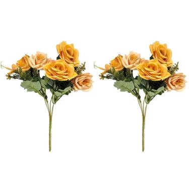 Imagem de Jogo Buquê Mini Rosas Pêssego 5 Flores Folhagens Realistas 2 Unidades 30cm