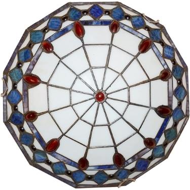 Imagem de Luzes de teto estilo retrô Tiffany, luminárias de teto Tiffany com abajur redondo de vitral, para sala de estar, cozinha, crianças, banheiro, lâmpada de teto, E27, azul, 40 cm