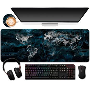 Imagem de Hizelzidy Mouse pad estendido com porta-copos para computador e teclado, tapete de mouse para jogos de 31,5 x 30 cm - Mapa mundial de luzes da cidade na placa-mãe