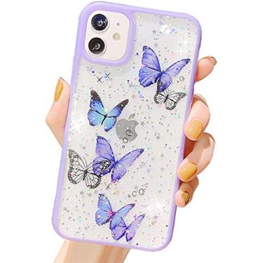 Imagem de Capa para iPhone 11 com glitter borboleta brilhante para mulheres e meninas, linda capa de telefone de gel de silicone macio compatível com Apple iPhone 11 - borboleta roxa