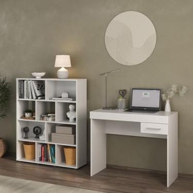 Imagem de Kit 2 Peças com Escrivaninha com Gaveta e Estante para Livros 10 Nichos Branco