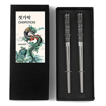 Imagem de Hagary Dragon Chopsticks Metal Reusable Designed In Korea Japanese Style Stainless Steel 316 18/10 Non-Slip 2 Pairs Dishwasher Safe Laser Etched (Black)