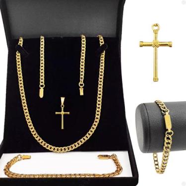 Imagem de Corrente banhada aço inox + pulseira grumet + pingente cruz casual ori