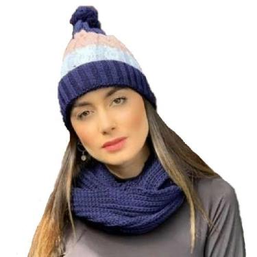 Imagem de Conjunto Touca Pompom Listrada Com Cachecol Gola Lã Macio Quentinho - 