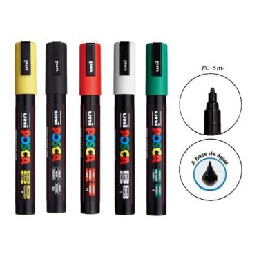 Imagem de 5 Canetas Posca PC-5M Ponta Media Artística Cores Principais - UNIBALL
