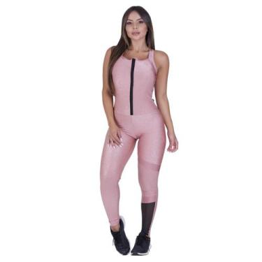 Imagem de Macacão Fitness Feminino Zíper Frente Cirrê Liso e Relevo Detalhe Tela