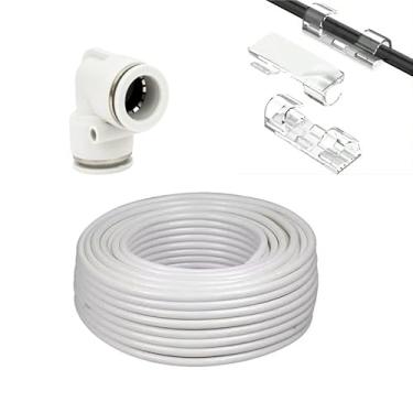 Imagem de Conexão Engate Rápido União L 1/4 + Mangueira Atóxica 1/4 + Clips Adesivo para Organizar Mangueiras (Engate Branco, 04 Metros Mangueira e 08 Clips)