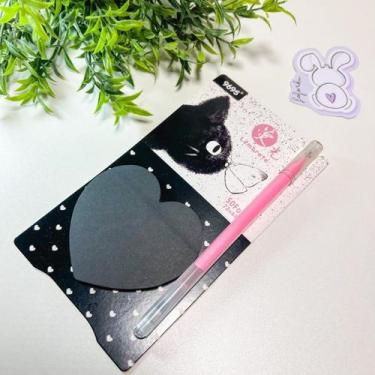 Imagem de Kit Post It Preto com Caneta Gel Glitter - Notas Adesivas formato cora