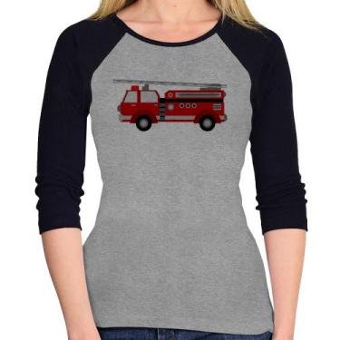 Imagem de Baby Look Raglan Caminhão de Bombeiro Manga 3/4 - Foca na Moda, Cinza,