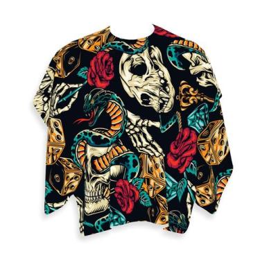 Imagem de Capa Barbeiro Rosas e Caveiras Estilo Tattoo Cetim 156x146cm - PRESENT