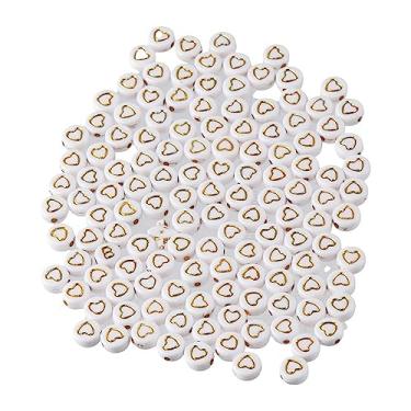 Imagem de HomeSoGood 500 peças 7 x 4 mm ouro coração contas de acrílico branco para fazer joias colar pulseira feito à mão, contas planas redondas soltas contas pônei