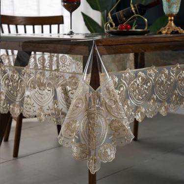 Imagem de Jusmate Protetor de toalha de mesa de vinil transparente com borda de renda de PVC transparente, à prova d'água, à prova de óleo, retangular para cozinha, casa, jantar, decoração de férias (bege, 152