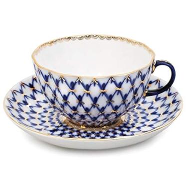 Imagem de Xícara de chá de porcelana imperial/Lomonosov com pires "rede de cobalto de tulipa"