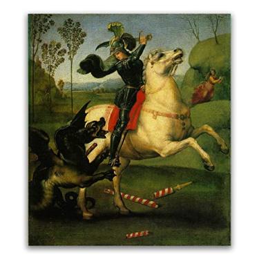 Imagem de Impressões famosas de Raphael - pinturas de paisagem impressas em tela - pôsteres de arte moderna - Imagens de arte de parede em tela para decoração de sala de estar (São Jorge e o Dragão) 50 x 60 cm