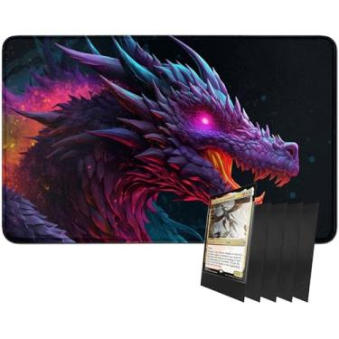 Imagem de RWUTYTIUL for MTG Card Playmat and 100 Count Card Sleeves Set, TCG Playmat Desk Mats 24 X 14 Inch, Stitched Playmat for Commander Board RPG CCG Game Magic The Gathering, Play Mat, Purple Dragon