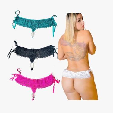 Imagem de Kit com 3 calcinhas tailandesa sexy aberta pérolas com amarração nas l