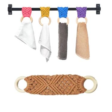 Imagem de 2 peças anel de suporte de toalha de macramê | Clipes de toalha de cozinha para alça de forno | Suporte de toalha de crochê | Anéis de suporte de toalha de crochê para pendurar toalhas de cozinha