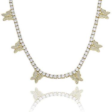 Imagem de KMASAL Colar com pingente de borboleta brilhante banhado a ouro 18 K com corrente de tênis de 4 mm, joia de diamante de laboratório hip hop para homens e mulheres, 18 inch, Metal, Zircônia cúbica,