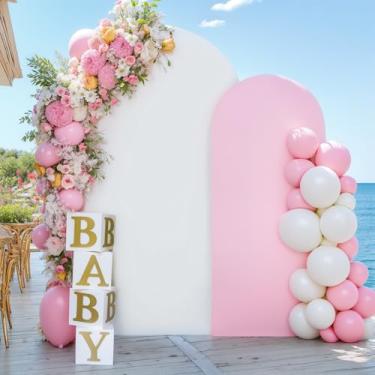Imagem de Conjunto de capa de arco rosa branco de 2 a 7,2 m e 1,8 m, capa de fundo de arco de elastano para chá de panela, chá de bebê, meninas, festa de aniversário, banquete, fotos, arco, pano de fundo
