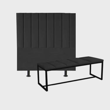Imagem de Kit Cabeceira Carla e Calçadeira Industrial 140cm Casal Box Ferro Preto Suede Preto - Ahz Móveis