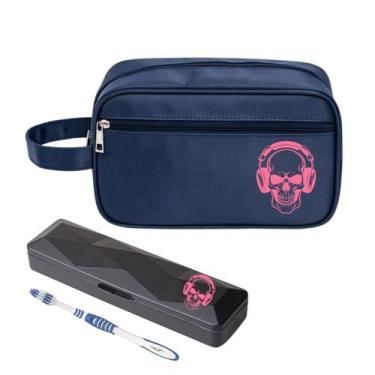 Imagem de Nécessaire Executiva Nylon Caveira Fone Rosa e Porta Escova - Mormino