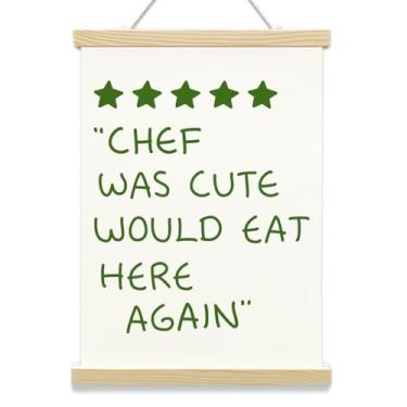 Imagem de Cabide de pôster Chef Was Cute Would Eat Here Again - Arte minimalista de parede de coração - Arte em tela verde com moldura de madeira - Impressões engraçadas para pendurar decoração para sala de