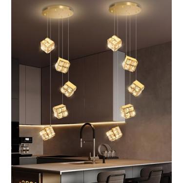 Imagem de dolria Luminária Pendente De Cristal Moderna Com 5 Luzes Para Sala De Jantar, Lustre Pendente Com Iluminação Led Regulável Para Cozinha, Ilha, Hall De Entrada, Corredor, Escada, Dourado