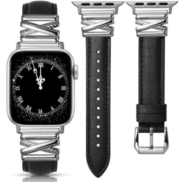 Imagem de Minyee Pulseira de couro feminina compatível com Apple Watch de 38/40/41/42 mm, elegante pulseira de couro premium com fivela de metal em forma de X para iWatch séries 11 10 9 8 7 6 5 4 SE/Ultra 3 2 1