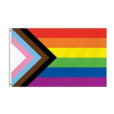 Imagem de Bandeira de arco-íris de orgulho do progresso, 9,5 x 1,5 m Bandeira de orgulho progressivo 100 D poliéster bandeira ao ar livre, cores brilhantes e vivas banner de orgulho gay comunidade Trans bissexual LGTBQ, desbotamento UV com ilhós de latão