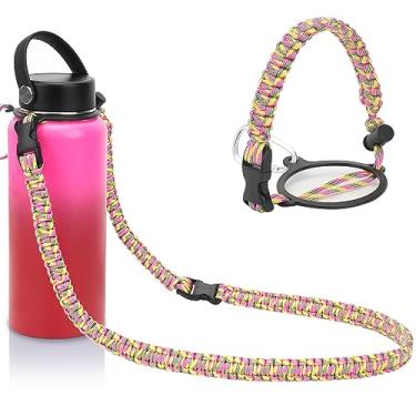 Imagem de Wongeto Alça de ombro com alça de corda paracord, compatível com garrafas de água de boca larga Hydro Flask 350 ml - 1,8 l (não para o novo Hydro Flask 2.0), alça de garrafa para caminhadas, caminhadas, acampamento (flor amarela)