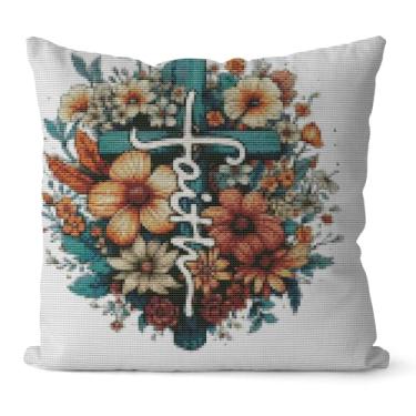 Imagem de Huacan Kit de travesseiro de ponto cruz estampado com estampa de flores sem núcleo de travesseiro para adultos iniciantes 45 x 45 cm