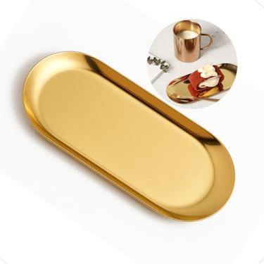 Imagem de Bandeja Aço Inox Oval Dourada Luxo Elegancia Decorativa Para Cozinha Sala Banheiro Servir Café Salão 18cm