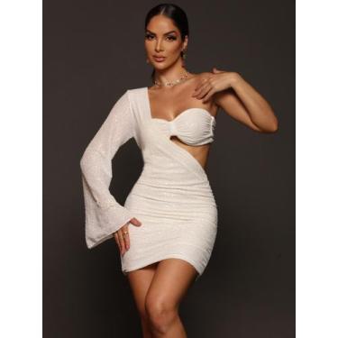 Imagem de Vestido de Paetê Curto Manga Longa para Festa. - Lunii, Bege, P