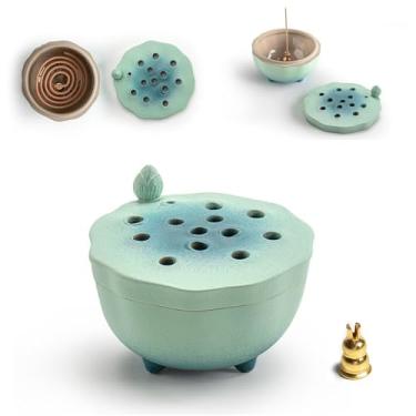 Imagem de Queimador de incenso zen com design de tampa de lótus (azul lago), suporte de incenso de cerâmica para Bakhoor, bastão, pó, cone, bobina e incenso de torre, decoração de fragrância doméstica