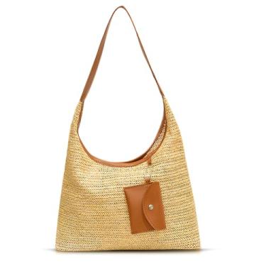Imagem de QTKJ Sacola feminina, bolsa de praia de palha de grande capacidade, bolsa para mulheres férias viagens diárias (Cáqui), Caqui, One Size