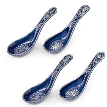 Imagem de Sungmor Louça Fina De Grés Com Relevo, Colheres Sopa Porcelana Estilo Barroco Antigo 14 Cm, Conjunto 4 Chinesas Asiáticas Cerâmica Azul Para Missô, Lámen, Bolinhos Massa