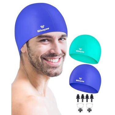 Imagem de Winsyne Touca De Natação Silicone Para Homens E Mulheres, Pacote Com 2, Unissex Adultos, Cabelo Curto/Longo Manter Seco, À Prova D'Água, Protetores Auriculares Clipe Nasal (Roxo Verde)