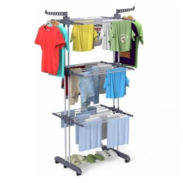 Imagem de POGALA Varal de Chão Dobrável 3 Andares em Aço Inox - Design 2025, Reforçado e Mais Resistente - Varal de Roupas Vertical Grande com Varetas e Abas Retrátil